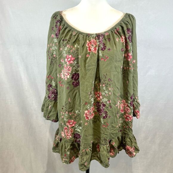 Terra & Sky on or off shoulder olive green floral peasant top size 1X - Picture 4 of 9